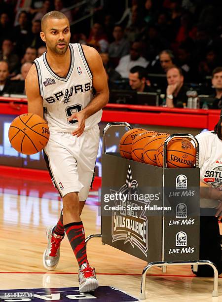 Tony Parker of the San Antonio Spurs competes during the Taco Bell Skills Challenge part of 2013 NBA All-Star Weekend at the Toyota Center on...
