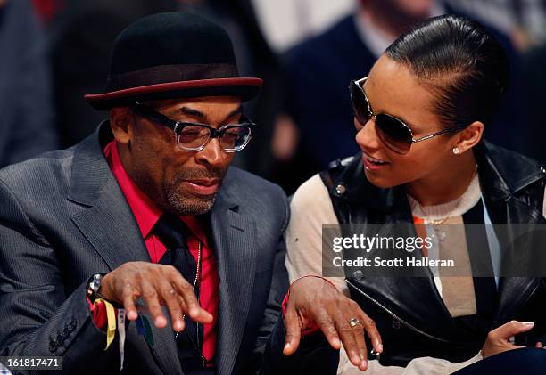 Director Spike Lee and singer Alicia Keys talk during the Taco Bell Skills Challenge part of 2013 NBA All-Star Weekend at the Toyota Center on...