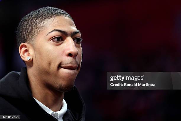 Anthony Davis of the New Orleans Hornets attends the Taco Bell Skills Challenge part of 2013 NBA All-Star Weekend at the Toyota Center on February...