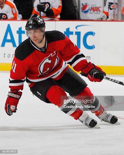 Stephen Gionta of the New Jersey Devils skates against the Philadelphia Flyers at the Prudential Center on February 15, 2013 in Newark, New Jersey.