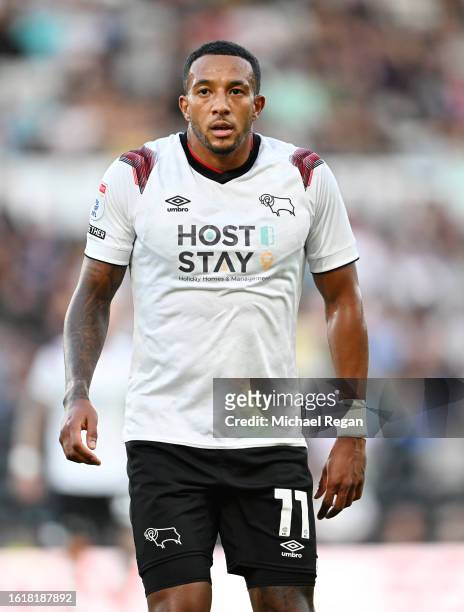 Nathaniel Mendez-Laing of Derby in action during the Sky Bet League One match between Derby County and Oxford United at Pride Park Stadium on August...