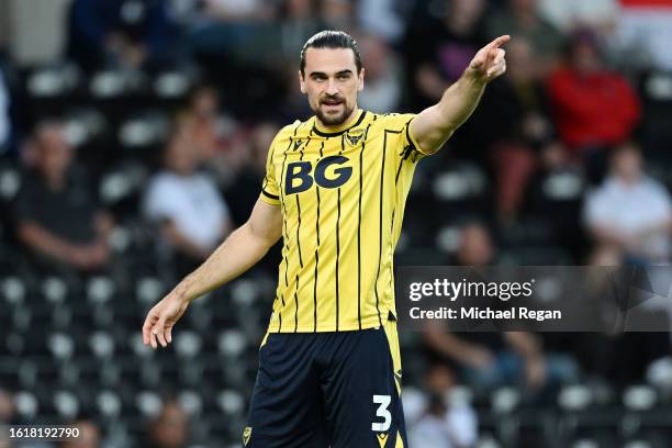 Ciaron Brown of Oxford in action during the Sky Bet League One match between Derby County and Oxford United at Pride Park Stadium on August 15, 2023...