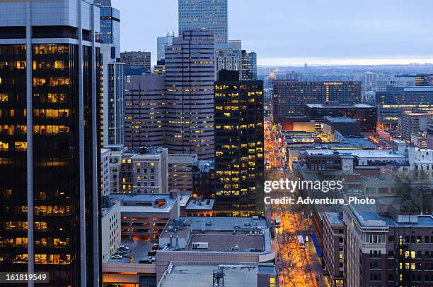 downtown denver at dusk - denver winter stock pictures, royalty-free photos & images