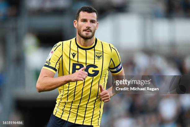 Elliott Moore of Oxford in action during the Sky Bet League One match between Derby County and Oxford United at Pride Park Stadium on August 15, 2023...