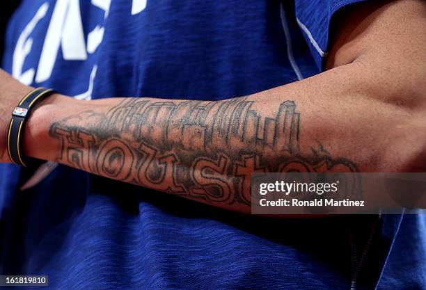 Tattoo on the arm of Gerald Green of the Indiana Pacers that says Houston is seen during the Sears Shooting Stars Competition part of 2013 NBA...