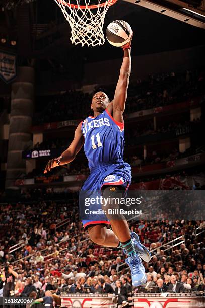 Jrue Holiday of the Philadelphia 76ers shoots the ball during the 2013 Taco Bell Skills Challenge on State Farm All-Star Saturday Night as part of...