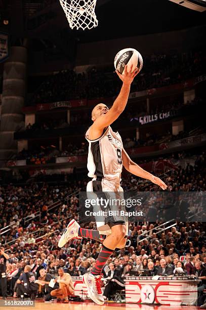 Tony Parker of the San Antonio Spurs shoots the ball during the 2013 Taco Bell Skills Challenge on State Farm All-Star Saturday Night as part of 2013...