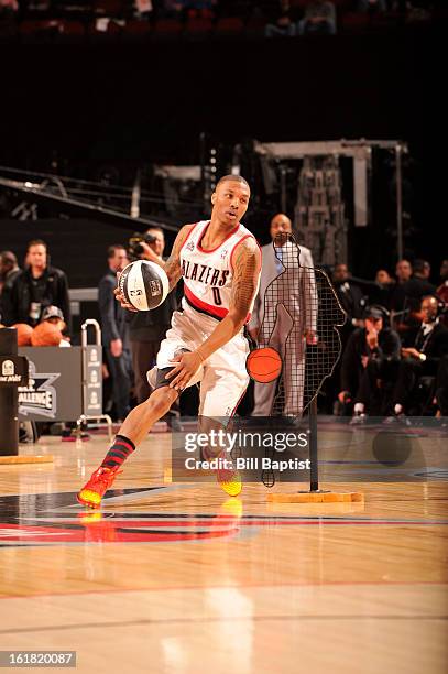 Damian Lillard of the Portland Trail Blazers drives the ball during the 2013 Taco Bell Skills Challenge on State Farm All-Star Saturday Night as part...