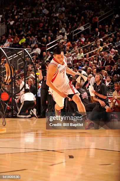 Jeremy Lin of the Houston Rockets drives the ball during the 2013 Taco Bell Skills Challenge on State Farm All-Star Saturday Night as part of 2013...