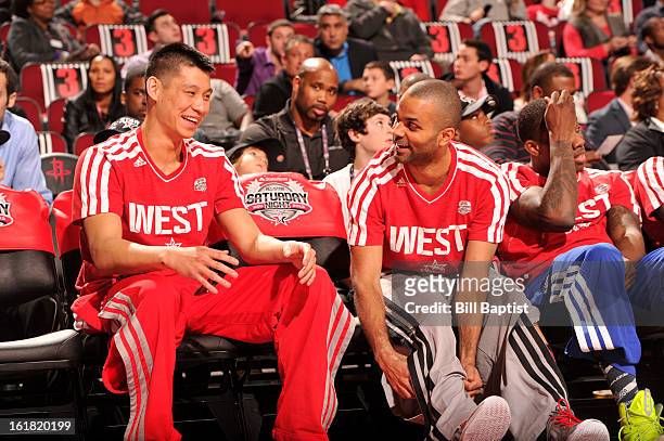 Jeremy Lin of the Houston Rockets talks with Tony Parker of the San Antonio Spurs during the 2013 Taco Bell Skills Challenge on State Farm All-Star...