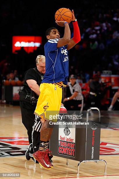 Kyrie Irving of the Cleveland Cavaliers competes during the Foot Locker Three-Point Contest part of 2013 NBA All-Star Weekend at the Toyota Center on...