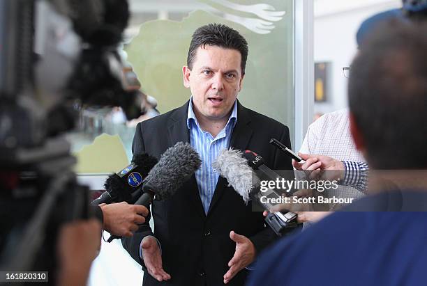 South Australian Federal Senator Nick Xenophon speaks to reporters at Adelaide Airport after his deportation from Malaysia, on February 17, 2013 in...