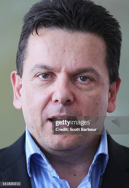 South Australian Federal Senator Nick Xenophon speaks to reporters at Adelaide Airport after his deportation from Malaysia, on February 17, 2013 in...