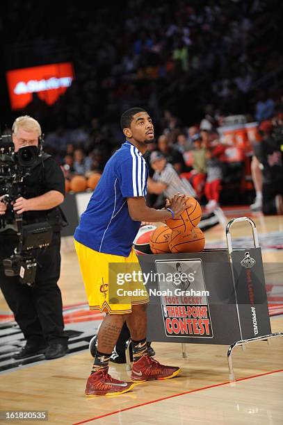 Kyrie Irving of the Cleveland Cavaliers participates during 2013 Foot Locker Three-Point Contest on State Farm All-Star Saturday Night as part of...