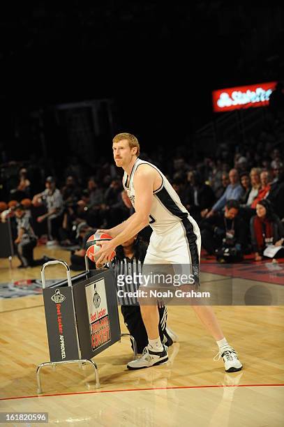 Matt Bonner of the San Antonio Spurs participates during 2013 Foot Locker Three-Point Contest on State Farm All-Star Saturday Night as part of 2013...