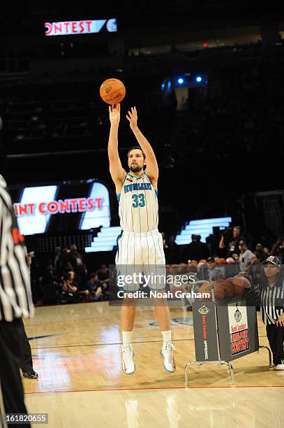 Ryan Anderson of the New Orleans Hornets participates during 2013 Foot Locker Three-Point Contest on State Farm All-Star Saturday Night as part of...