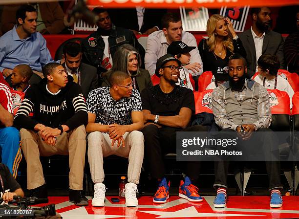 Anthony Davis of the New Orleans Hornets, Russell Westbrook and Kevin Durant of the Oklahoma City Thunder and James Harden of the Houston Rockets sit...