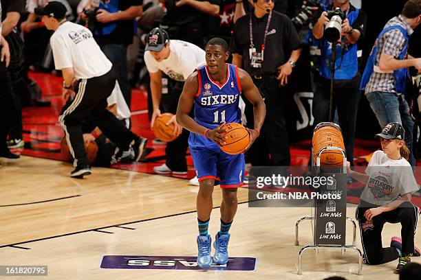 Jrue Holiday of the Philadelphia 76ers passes during the Sears Shooting Stars on State Farm All-Star Saturday Night during NBA All Star Weekend on...