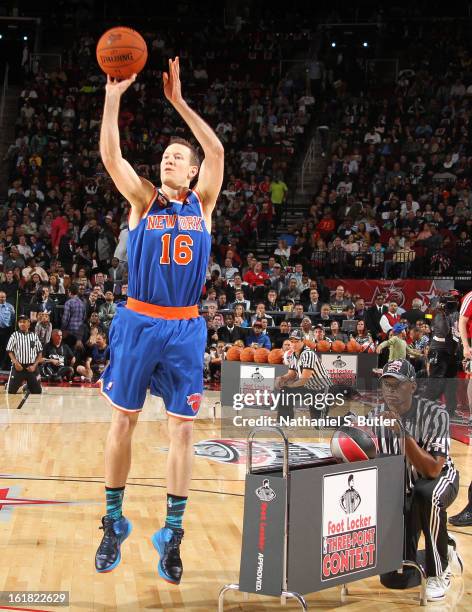 Steve Novak of the New York Knicks during the 2013 Foot Locker Three-Point Contest on State Farm All-Star Saturday Night as part of the 2013 NBA...