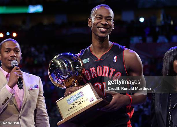 Terrence Ross of the Toronto Raptors celebrates after winning the Sprite Slam Dunk Contest part of 2013 NBA All-Star Weekend at the Toyota Center on...