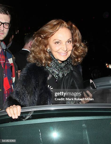 Diane von Furstenberg is pictured arriving at at the ME hotel during London Fashion Week on February 16, 2013 in London, England.