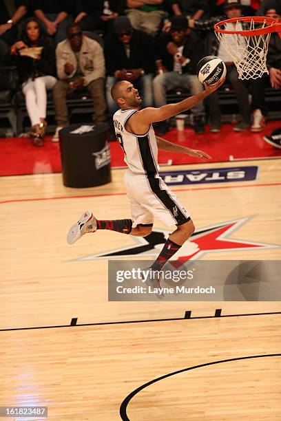 Tony Parker of the San Antonio Spurs glides to the basket during 2013 Taco Bell Skills Challenge on State Farm All-Star Saturday Night as part of...