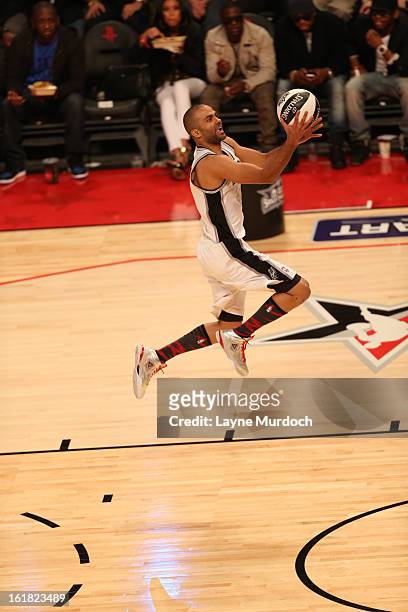 Tony Parker of the San Antonio Spurs goes up for the easy layup during 2013 Taco Bell Skills Challenge on State Farm All-Star Saturday Night as part...