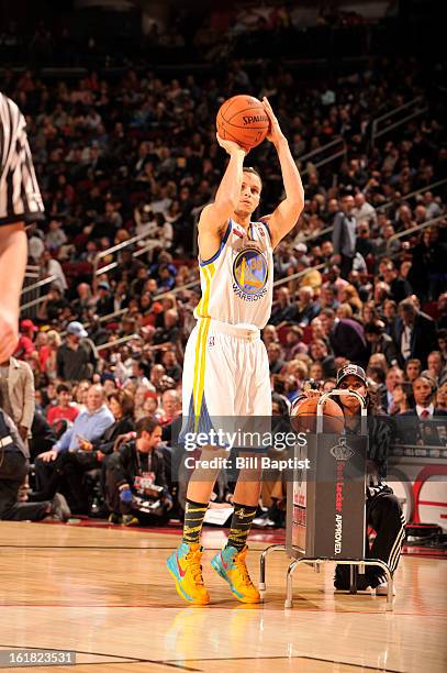 Stephen Curry of the Golden State Warriors shoots the ball during the 2013 Foot Locker Three-Point Contest on State Farm All-Star Saturday Night as...