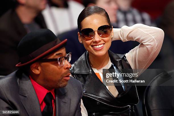 Director Spike Lee and singer Alicia Keys talk during the Taco Bell Skills Challenge part of 2013 NBA All-Star Weekend at the Toyota Center on...