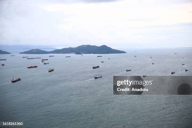 Ships are seen on Panama Canal in Panama City, Panama, on August 21, 2023. The Panama Canal Authority has reduced maximum ship weights and daily...