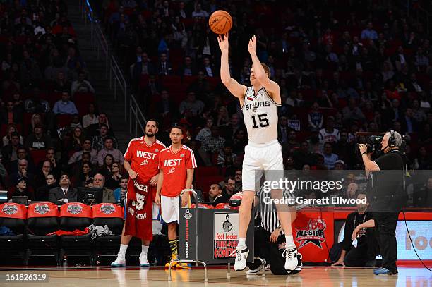 Matt Bonner of the San Antonio Spurs shoots during the Foot Locker Three-Point Contest on State Farm All-Star Saturday Night during NBA All Star...