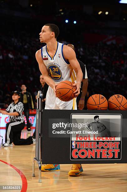 Stephen Curry shoots during the Foot Locker Three-Point Contest on State Farm All-Star Saturday Night during NBA All Star Weekend on February 16,...