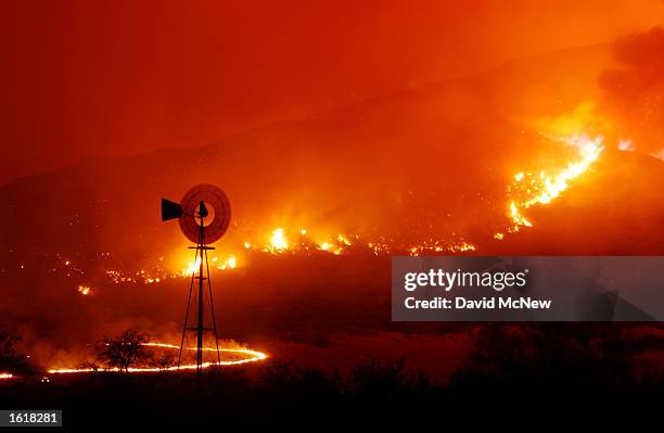 High winds drive the out-of-control 13,000-acre Pine Fire near a windmill on the Rutherford Ranch, bordering the Anza-Borrego Desert State Park July...