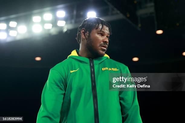 Cristiano Felicio of Brazil watches on during the match between the Australia Boomers and Brazil at Rod Laver Arena on August 16, 2023 in Melbourne,...