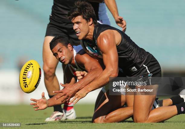 Angus Monfries of the Power competes for the ball during the round one AFL NAB Cup match between the Port Adelaide Power and the St Kilda Saints at...