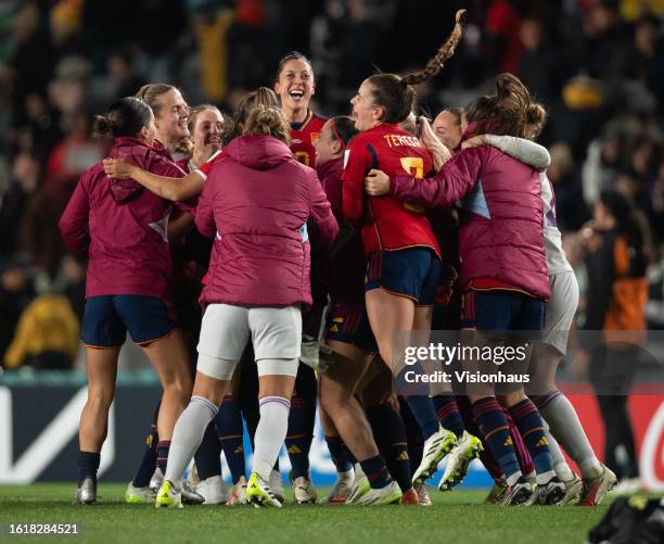 Jennifer Hermoso of Spain celebrates with Teresa Abelleira, Eva Navarro, Cata Coll and other team mates after the FIFA Women's World Cup Australia &...