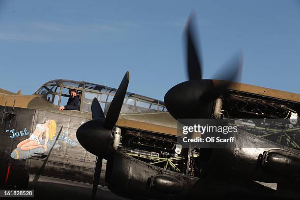 Engine tests are carried out on the Lancaster bomber "Just Jane", which is being restored with the aim of getting it airworthy, at Lincolnshire...