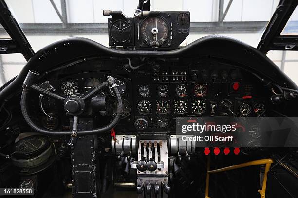 Instruments and controls of the Lancaster bomber "Just Jane" which is being restored with the aim of getting it airworthy, at Lincolnshire Aviation...