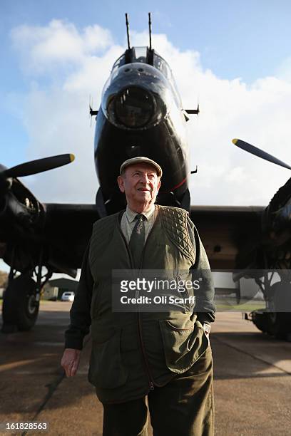 Fred Panton, the owner of the Lincolnshire Aviation Heritage Centre, stands in front of the Lancaster bomber "Just Jane" which is being restored with...