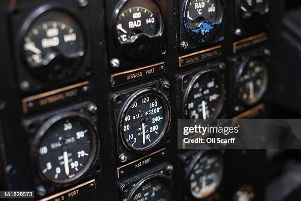 Instruments and controls of the Lancaster bomber "Just Jane" which is being restored with the aim of getting it airworthy, at Lincolnshire Aviation...