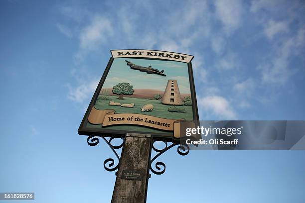 The town sign for East Kirkby, where the Lincolnshire Aviation Heritage Centre is located and the Lancaster bomber "Just Jane", which is being...