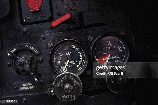 Instruments and controls of the Lancaster bomber "Just Jane" which is being restored with the aim of getting it airworthy, at Lincolnshire Aviation...