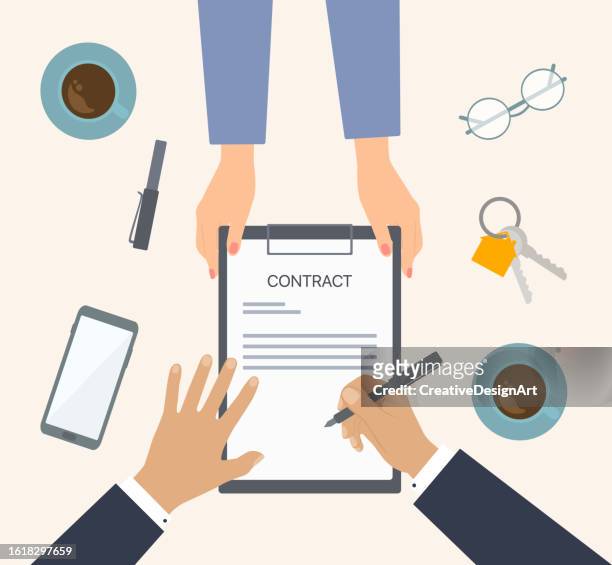 top view of female hands holding real estate purchase agreement and businessman signing the contract. renting or buying home - endorsing stock illustrations