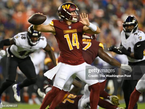 Washington Commanders quarterback Sam Howell during a pre-season game between the Baltimore Ravens and the Washington Commanders at FedEx Field in...