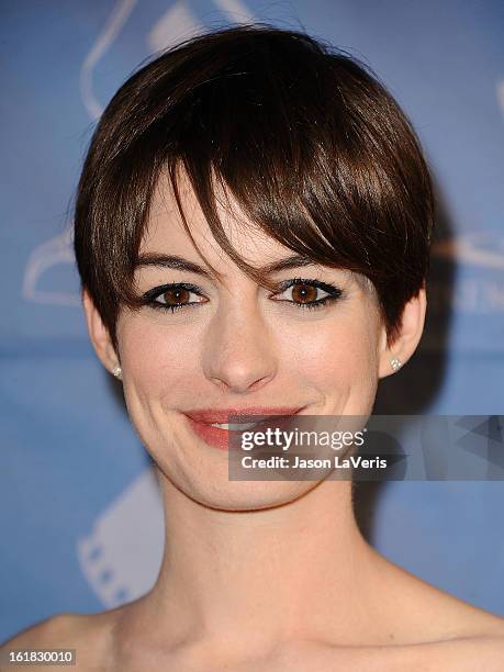 Actress Anne Hathaway attends the 49th annual Cinema Audio Society Guild Awards at Millennium Biltmore Hotel on February 16, 2013 in Los Angeles,...