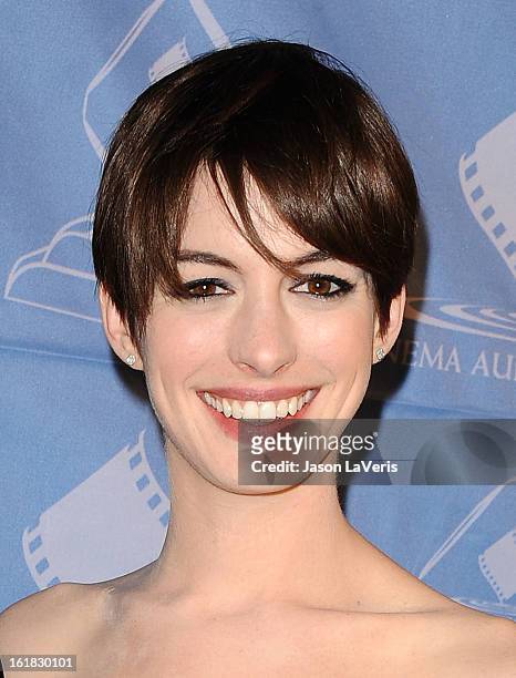 Actress Anne Hathaway attends the 49th annual Cinema Audio Society Guild Awards at Millennium Biltmore Hotel on February 16, 2013 in Los Angeles,...