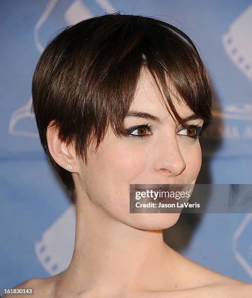 Actress Anne Hathaway attends the 49th annual Cinema Audio Society Guild Awards at Millennium Biltmore Hotel on February 16, 2013 in Los Angeles,...