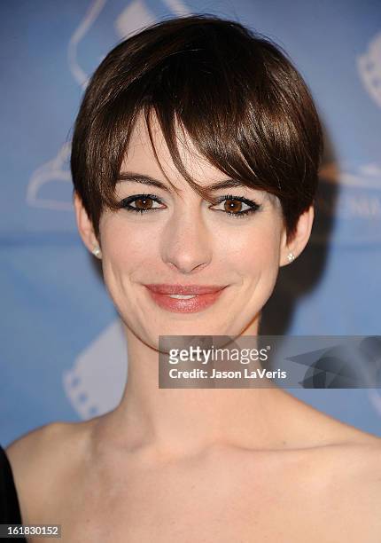 Actress Anne Hathaway attends the 49th annual Cinema Audio Society Guild Awards at Millennium Biltmore Hotel on February 16, 2013 in Los Angeles,...