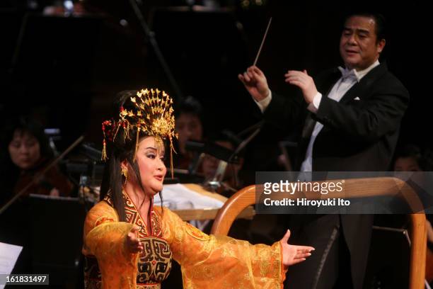 Xiao Bai's "Farewell My Concubine" at Avery Fisher Hall on Sunday night, January 27, 2008.This image;Ruan Yuqun as Yu Ji, left, with the conductor Yu...