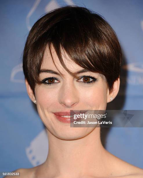 Actress Anne Hathaway attends the 49th annual Cinema Audio Society Guild Awards at Millennium Biltmore Hotel on February 16, 2013 in Los Angeles,...